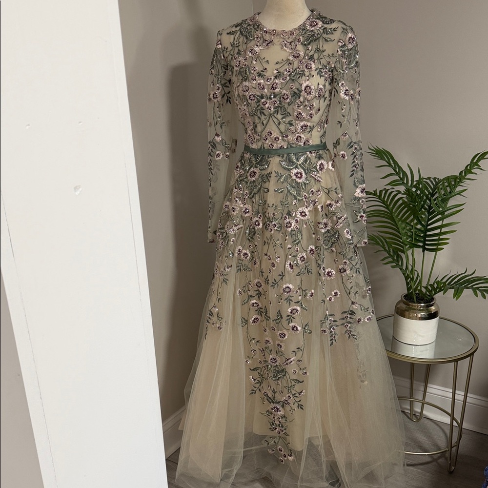 Mac Duggal Beige Tulle Gown with Pink & Green Floral Embroidery